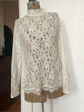 Vintage White Cream Lace High-Neck Long-Sleeve Peplum Top